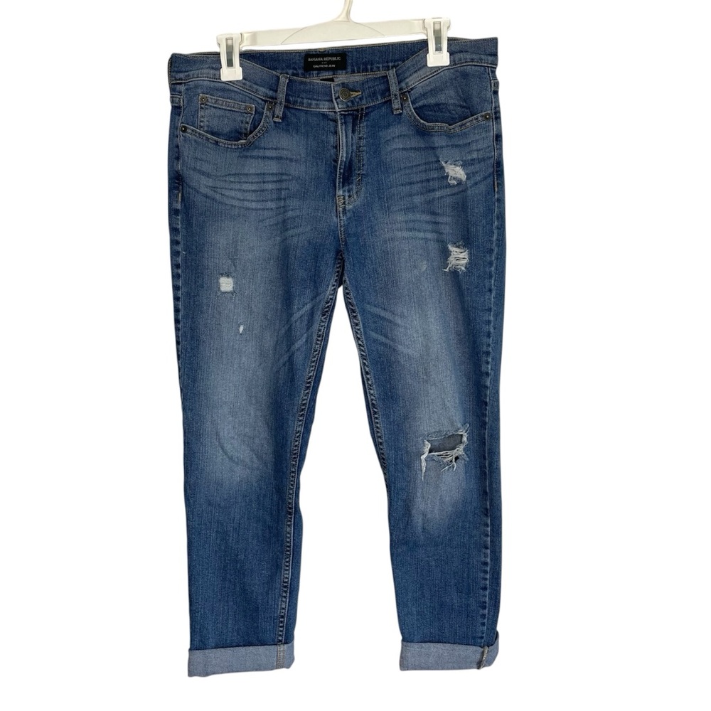 Banana Republic Casual Girlfriend Jean Solid Blue Distressed Denim Jeans
